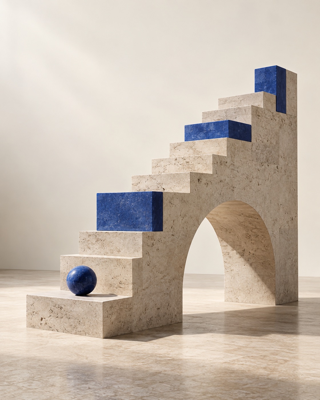A sculptural travertine staircase with blue stone accents, representing strong foundations and steady growth